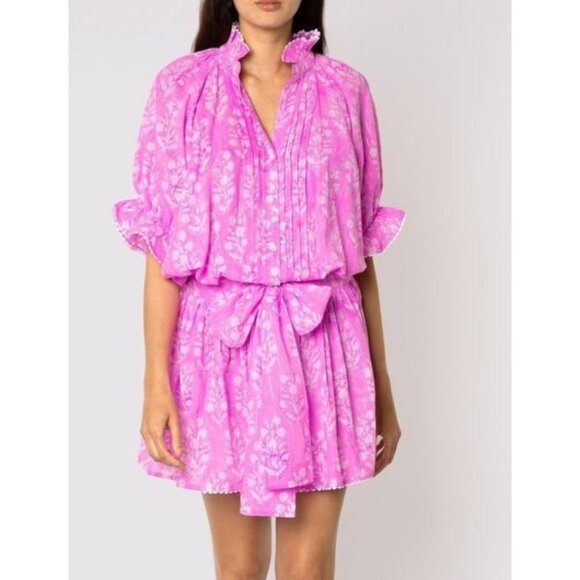 Juliet Dunn Scalloped Blouson Cotton Mini Dress Washed Orchid Floral Print 0 - Picture 1 of 6